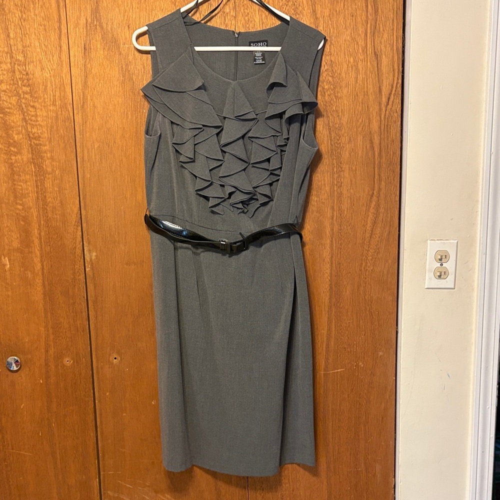Soho Gray Ruffle Front Sleeveless Midi Dress with Black Belt Accent
